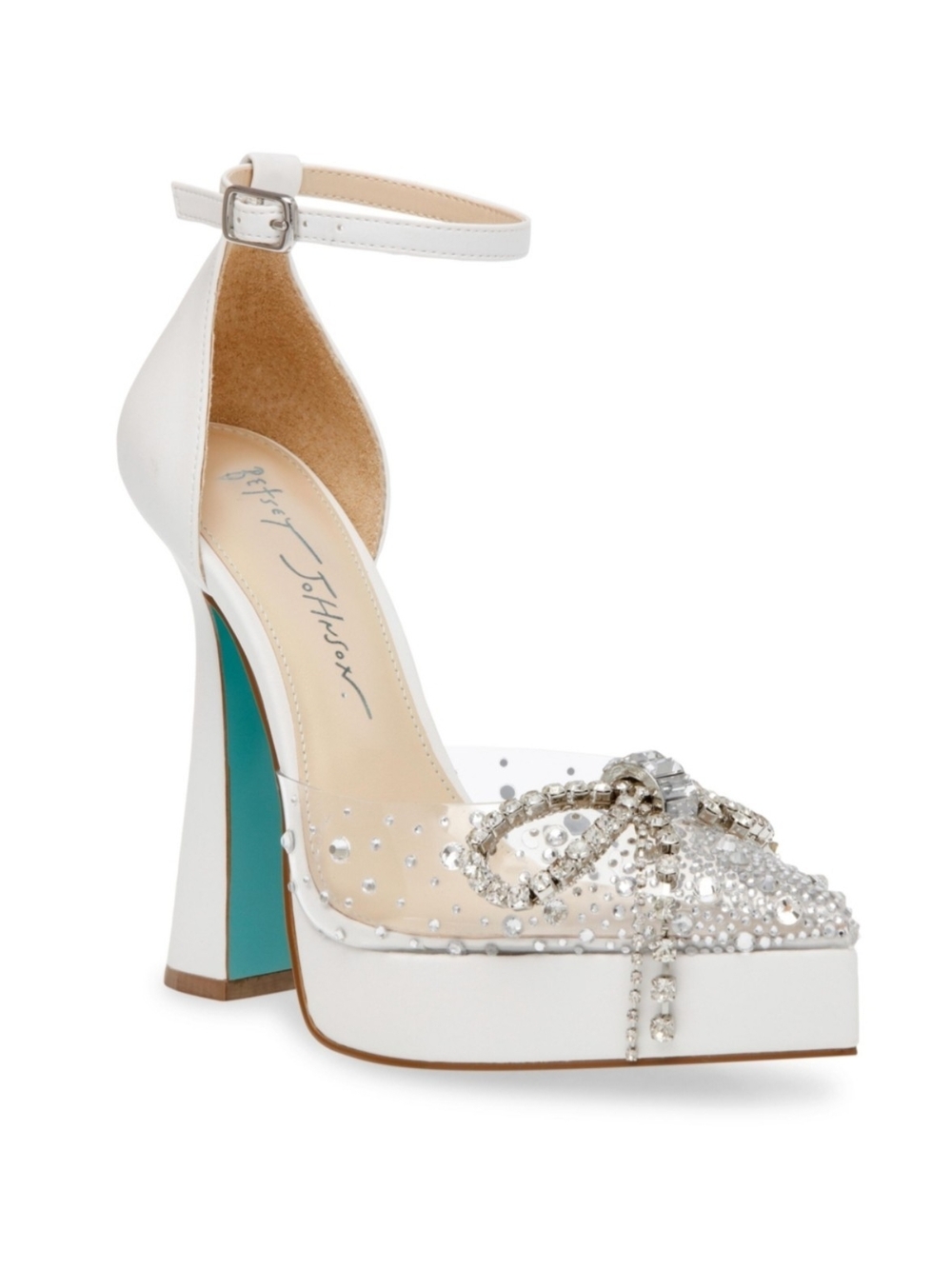 Betsey Johnson White Crystal Bow Platform Ankle-Strap Heel